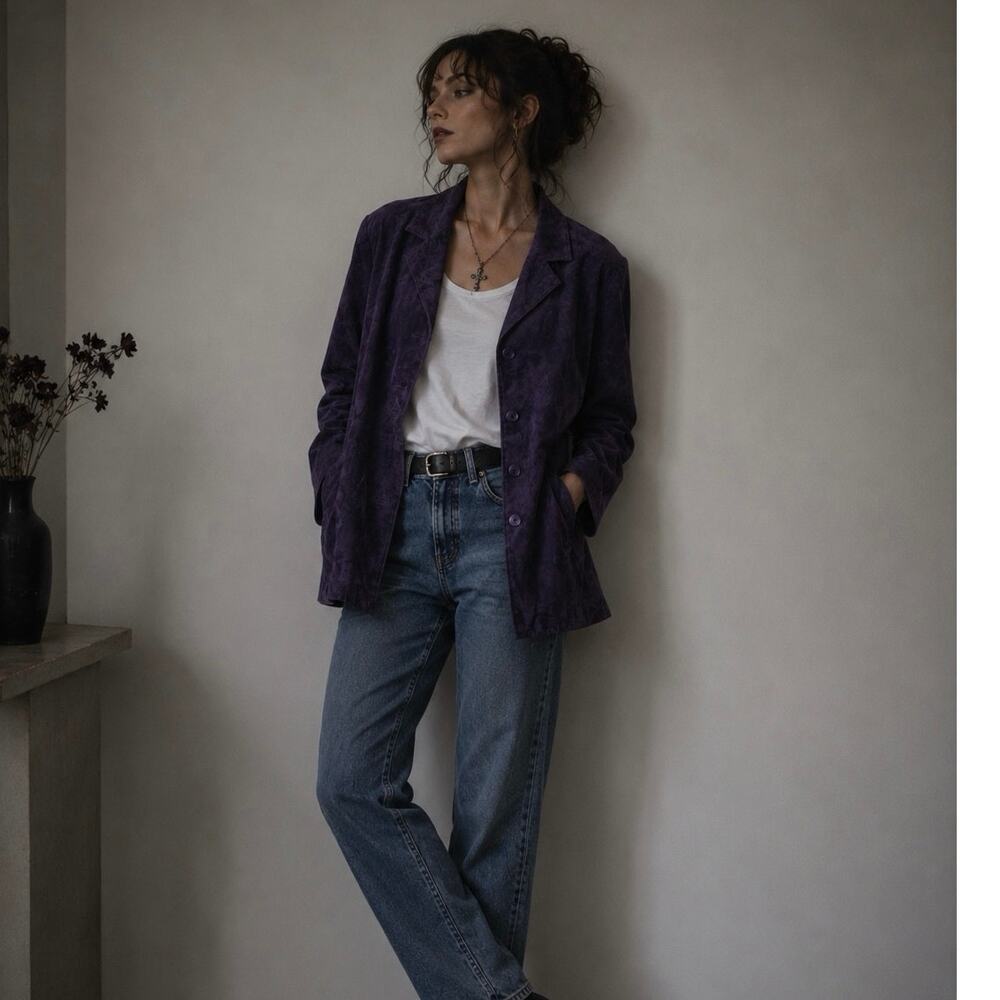 Vintage 90s Midnight Purple Suede Leather Jacket Whimsigoth Grunge Size Large